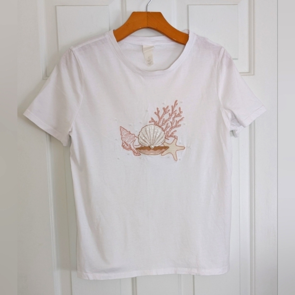 H&M Embroidered Sequin Cotton Seashell Tee